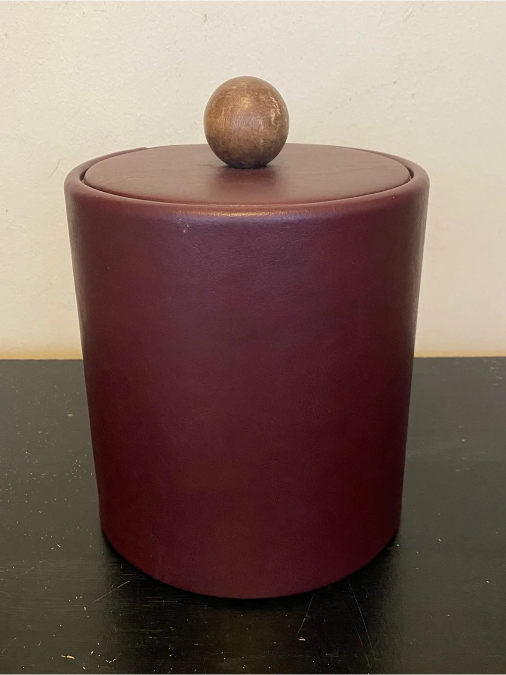 Vintage Hapco Elmar Ice Bucket With Lid Red Maroon Leather Wood Knob Handle USA